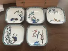 九谷焼 青郊窯 銘々皿 5枚セット 中皿 角皿 和柄 鳥絵 箱付きのサムネイル