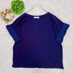 【アデイインザライフ】 半袖カットソー 袖プリーツシフォン ネイビー系 切り替えのサムネイル
