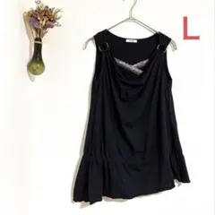 Ｌ 黒 ノースリーブ チュニック 斜めデザイン ブラック レース