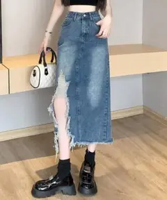 デニムロングスカート スリット入り フリンジ