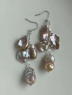 J 37淡水パール 天然色　虹色　パープル　オイスターバロック　ペタル　ピアス