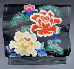 高級　正絹　洒落帯　名古屋帯　アンティーク　大正ロマン　黒地　花柄　刺繍　303