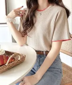リブニット 半袖 ベージュ×オレンジ 配色　M