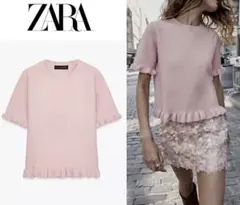 ZARA ピンク ペプラムトップス フリル裾 半袖ニット