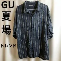 【極上の落ち感】GU レーヨン100% 半袖シャツ XL マルチストライプ 紺
