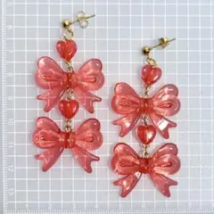 043 リボン ハート 派手 可愛い 赤 レッド 推し活 ピアス