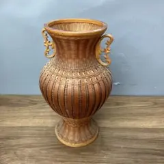 D-壁 夢竹作 竹編み 花瓶 花器 壺型 竹細工 伝統工芸品 銘あり 華道具