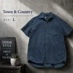 【刺し子風】T&C 総柄半袖シャツ L 紺 ロゴ刺繍 ビッグシルエット レトロのサムネイル