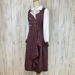 アクシーズファム ＊ 襟刺繍ドッキングワンピース 金ボタン チェック柄