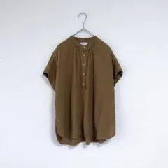 UNIQLO／リネンブレンドブラウス（半袖）／ブラウン系／M