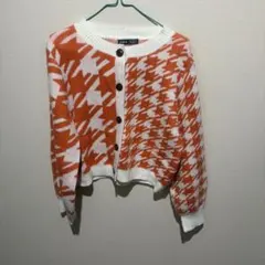 SHEIN オレンジ ホワイト ハウンドトゥース カーディガン M