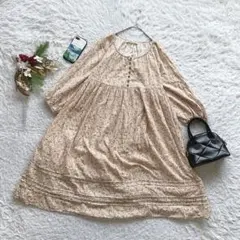 ワンピース ミニ丈 長袖 花柄 フレア M 綿100 ナチュラル 大人可愛い