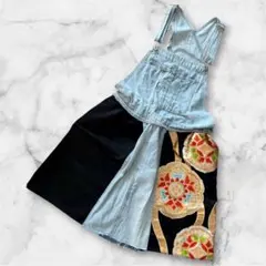 再構築着物リメイクデニムサロペットスカートゴールド帯和柄 宝相華文 ハンドメイド