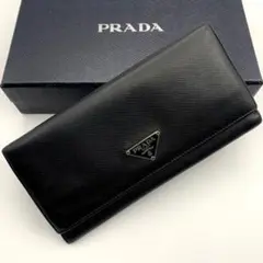 鑑定済み 箱付き プラダ 長財布 サフィアーノ レザー ロゴ 三角プレート 黒