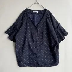 ディスコート　レディース　プリーツスリーブ　ノーカラーシャツ　ドット　ネイビー