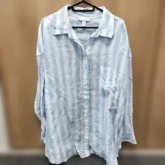 H&M リネン ストライプ 長袖シャツ L ゆったり 水色