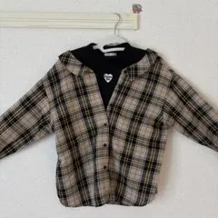 ベージュ×ブラック チェック柄シャツ ブラウス 長袖 重ね着風 160cm