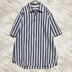 GU リネンブレンドシャツ L ブルー ストライプ 半袖 清涼感