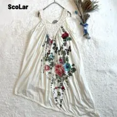 ScoLar 花柄×蝶々柄 ノースリーブチュニックワンピース アシンメトリーのサムネイル