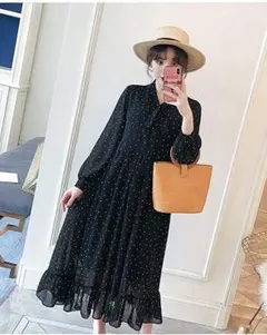 3L 新品 長袖水玉ワンピース 黒 大きいサイズ レディース フリル ロング丈