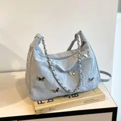 ライトブルー 蝶装飾 ショルダーバッグ