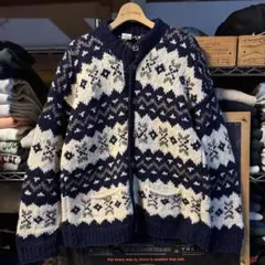 極肉厚 90s vintage エクアドルニット 手編み ネイビー ネイティブ柄