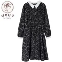 axes femme 小花柄 襟付き ワンピース 長袖 ロング ブラック