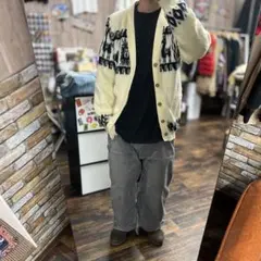 毛足長 幾何学模様アイボリーカーディガン モヘア シャギーニットカーディガン L
