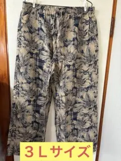 セール中【美品】花柄ワイドパンツ（ベージュ・ネイビー）ゴムウエスト 3L