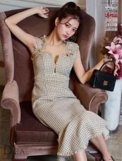 ゴールドボタンｘスプリングツイードロングキャバドレス(DE3307)