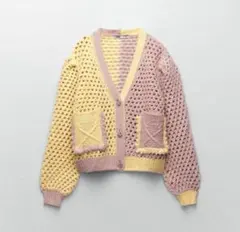 ZARA ビジューボタニット カーディガン バイカラー ピンク