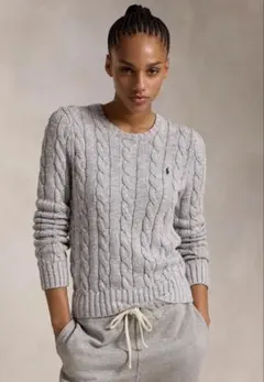 ケーブルニット ラグコットン クルーネック セーター　M グレー