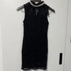 キャバドレス 二次会 黒 レース ナイトドレス パール襟 ノースリーブ