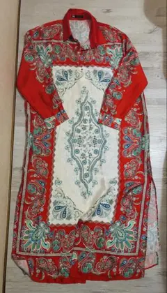 ZARA ザラ　スカーフ柄　ペイズリー　ロングシャツワンピース　L