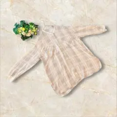 レディース　長袖ブラウス　シャツ　Lサイズ　ベージュ　チェック柄　シースルー