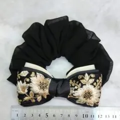 ハンドメイドシュシュM-4337♡ブラックジョーゼット♡インド刺繍リボン付♡ ハンドメイドシュシュM-4367♡ブラックジョーゼット♡インド刺繍リボン