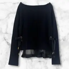 ドールアップウップス　黒いリボン付き長袖ニット　シースルー裾　Free