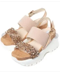 R&E ビジュー付きスポーツサンダル ベージュ