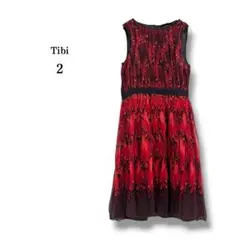 【Tibi】ティビ　シルクシフォンノースリーブワンピース　ドレス　絹　赤×黒　2のサムネイル