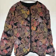 美品 総柄 キルティング ノーカラージャケット ペイズリー リーフ柄 【L】のサムネイル
