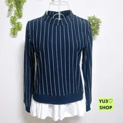 HILARIOUS 長袖トップス M ハイネック フリル ネイビー ストライプ