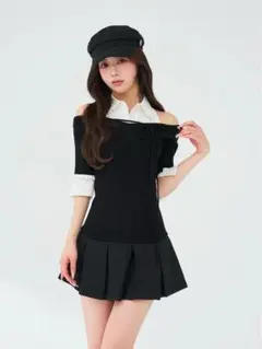 Darich シャツドッキングオフショルプリーツミニワンピース