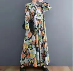 ワンピース イエロー 上品 春夏 花柄 マキシ丈 ボタニカル 体系カバー