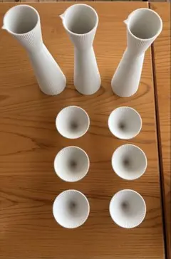 白い陶器のリブデザインお猪口セット 徳利3お猪口6
