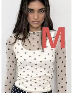 【ZARA】 セミシースルー ドットプリント ニットトップス 水玉 M