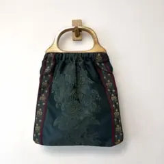 アンティーク生地　ウッドハンドル刺繍リメイクバッグ