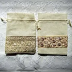 【ハンドメイド】花柄インド刺繍リボンのリメイク巾着袋 クリーム色 ⑩