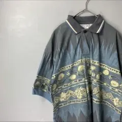【古着　ポロシャツ　総柄　柄シャツ　奇抜　半袖　オーバーサイズ　90s古着】