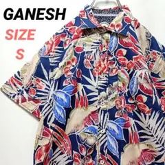 GANESH　ガネーシュ　アロハシャツ　ボタニカル柄　メンズ　S　ネイビーのサムネイル