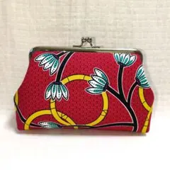 がま口ポーチ　メイクポーチ　ハンドメイド　フラワーリング　アフリカン　レッド